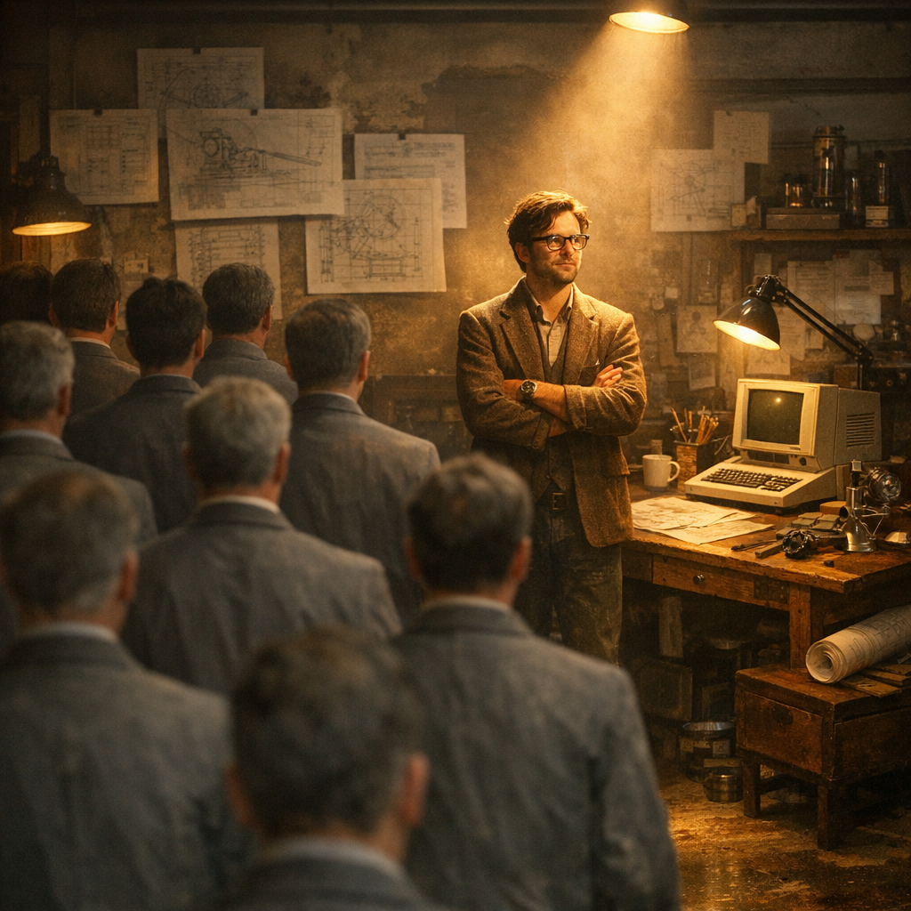 A lone original thinker standing apart from a uniform crowd, symbolizing the misfits and rebels in the Steve Jobs crazy ones quote