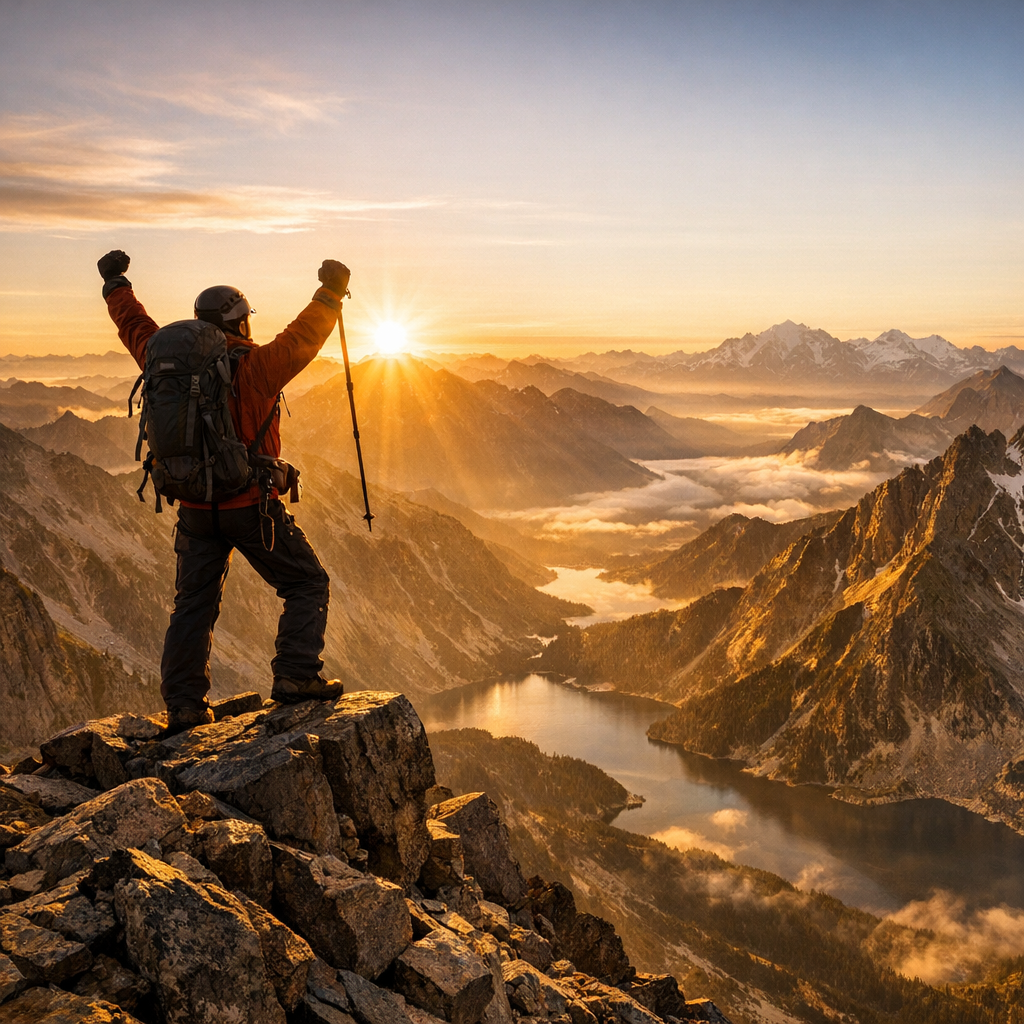 A bold climber reaching a sunrise summit, symbolizing the Virgil quote audaces fortuna iuvat, fortune favors the bold