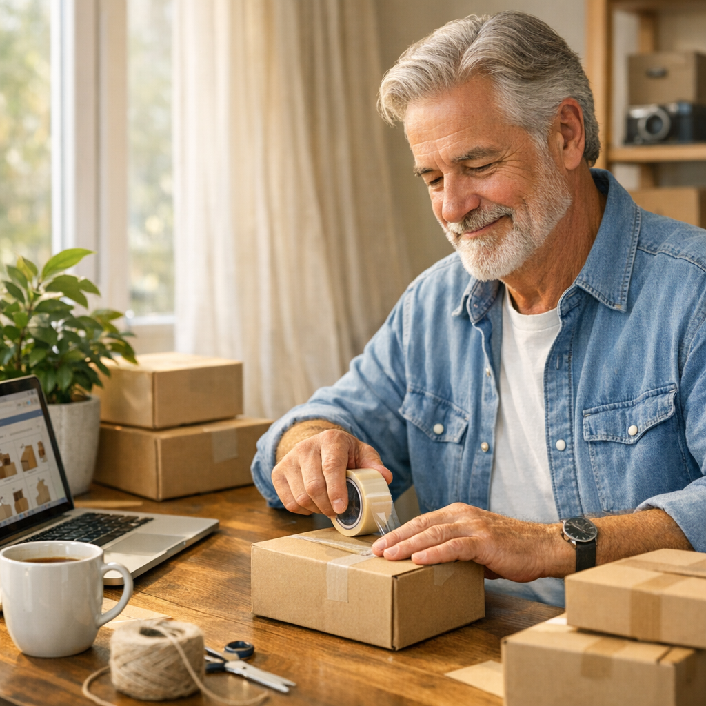 A retiree running an online store from a home desk, packing an e-commerce order beside a laptop