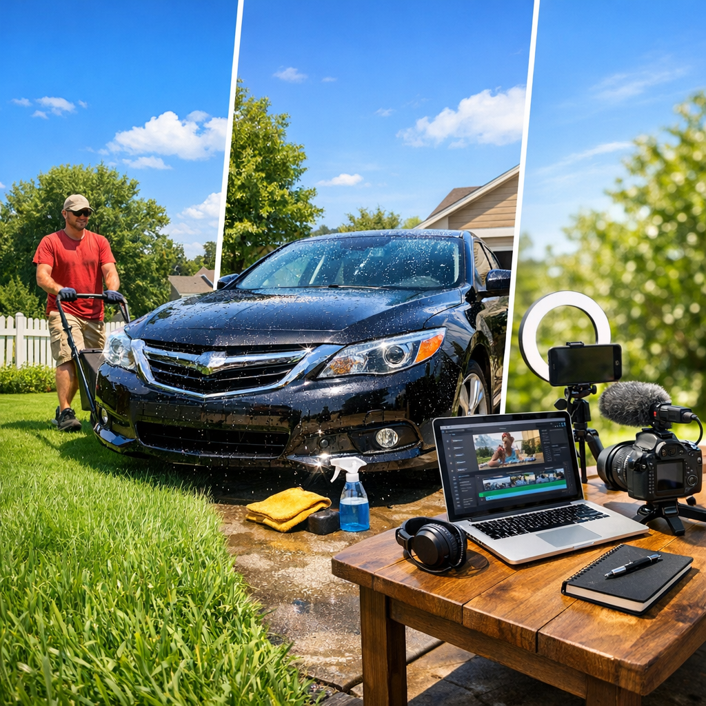 Summer side hustles including lawn care, car detailing, and freelance content creation on a sunny day