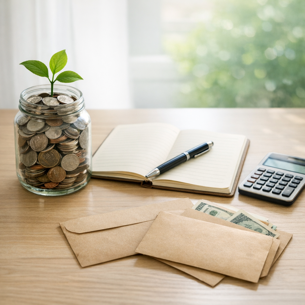 Personal savings concept with a coin jar growing a plant, calculator and labeled envelopes for emergency and retirement funds