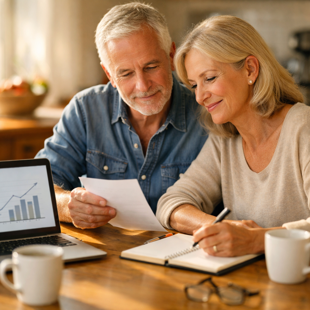 Older couple reviewing a flexible retirement withdrawal strategy at home with a laptop and charts