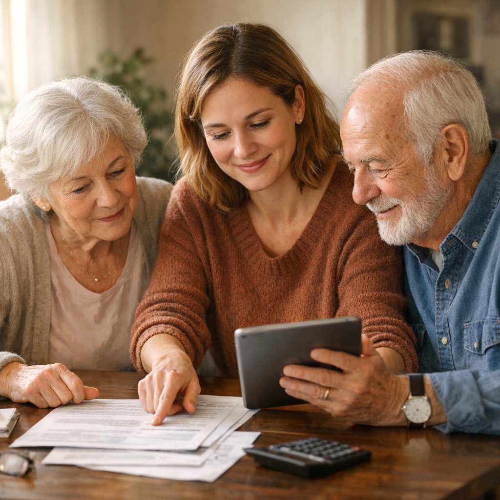Adult daughter helping her elderly parents review retirement finances at home