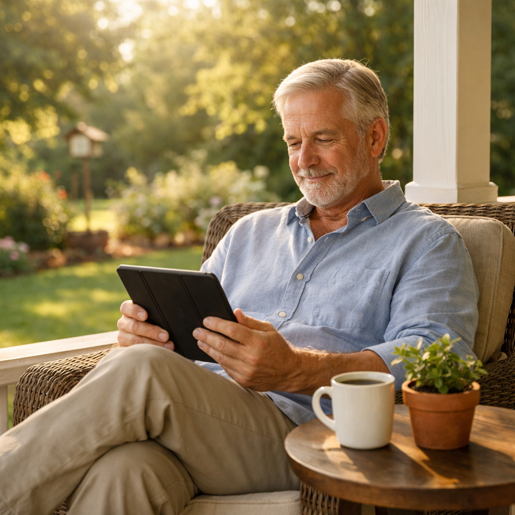 Relaxed retiree on a porch reviewing dividend investing income on a tablet