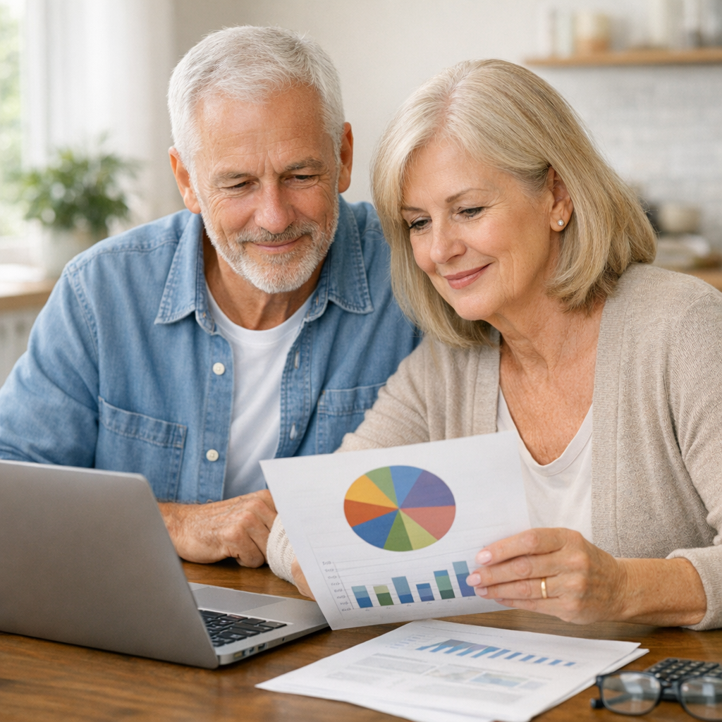 A retired couple reviewing a diversified total market ETF portfolio for their retirement