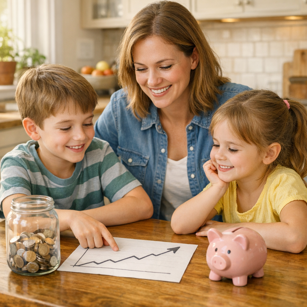 Parent teaching two children about saving and retirement planning at the kitchen table with a coin jar and piggy bank