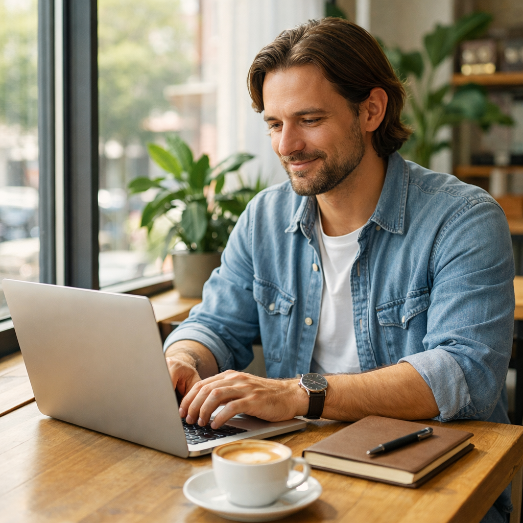 Freelancer working remotely on a laptop at a sunny coffee shop table with coffee and a notebook