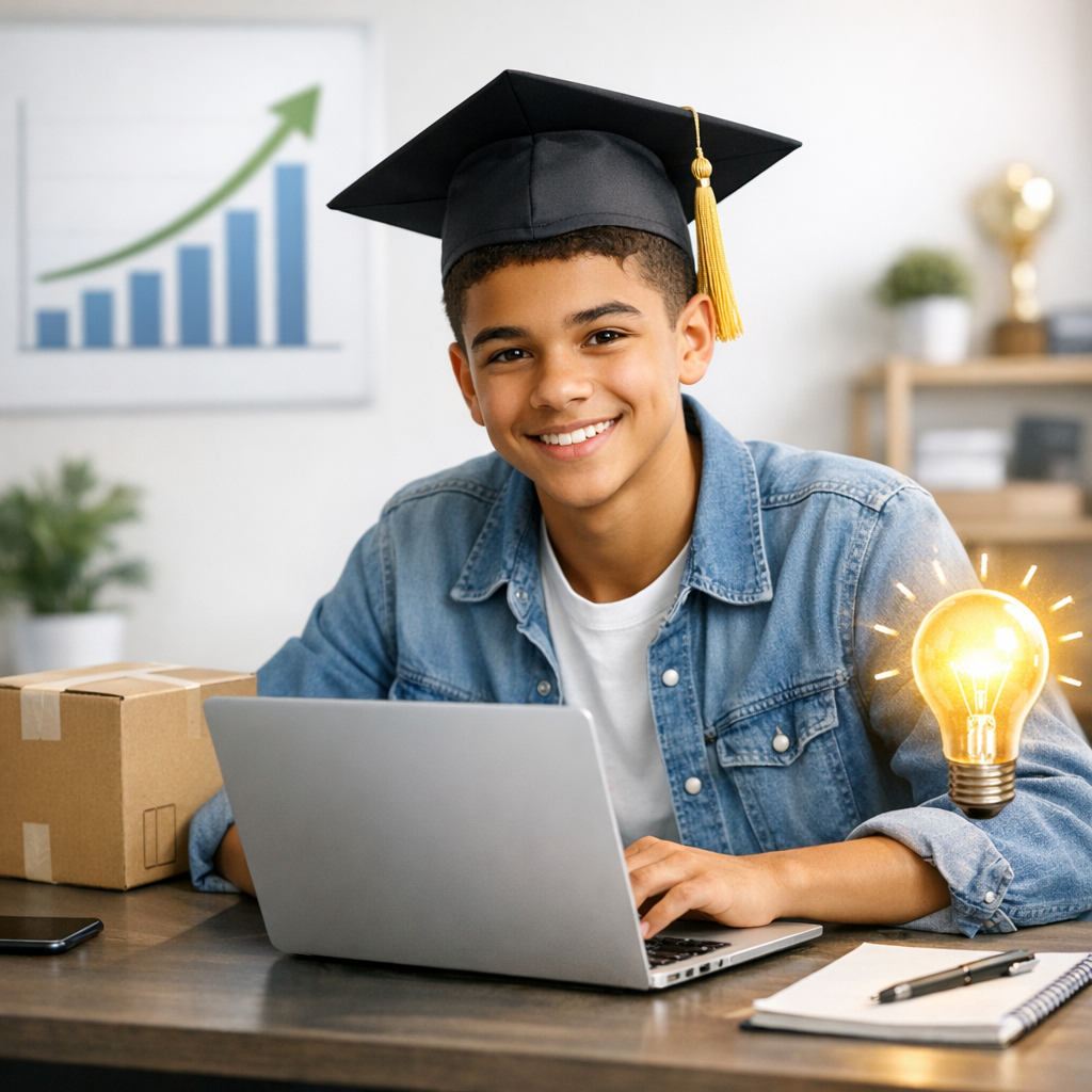 Teenage entrepreneur in a graduation cap building a million-dollar business on a laptop with a rising growth chart