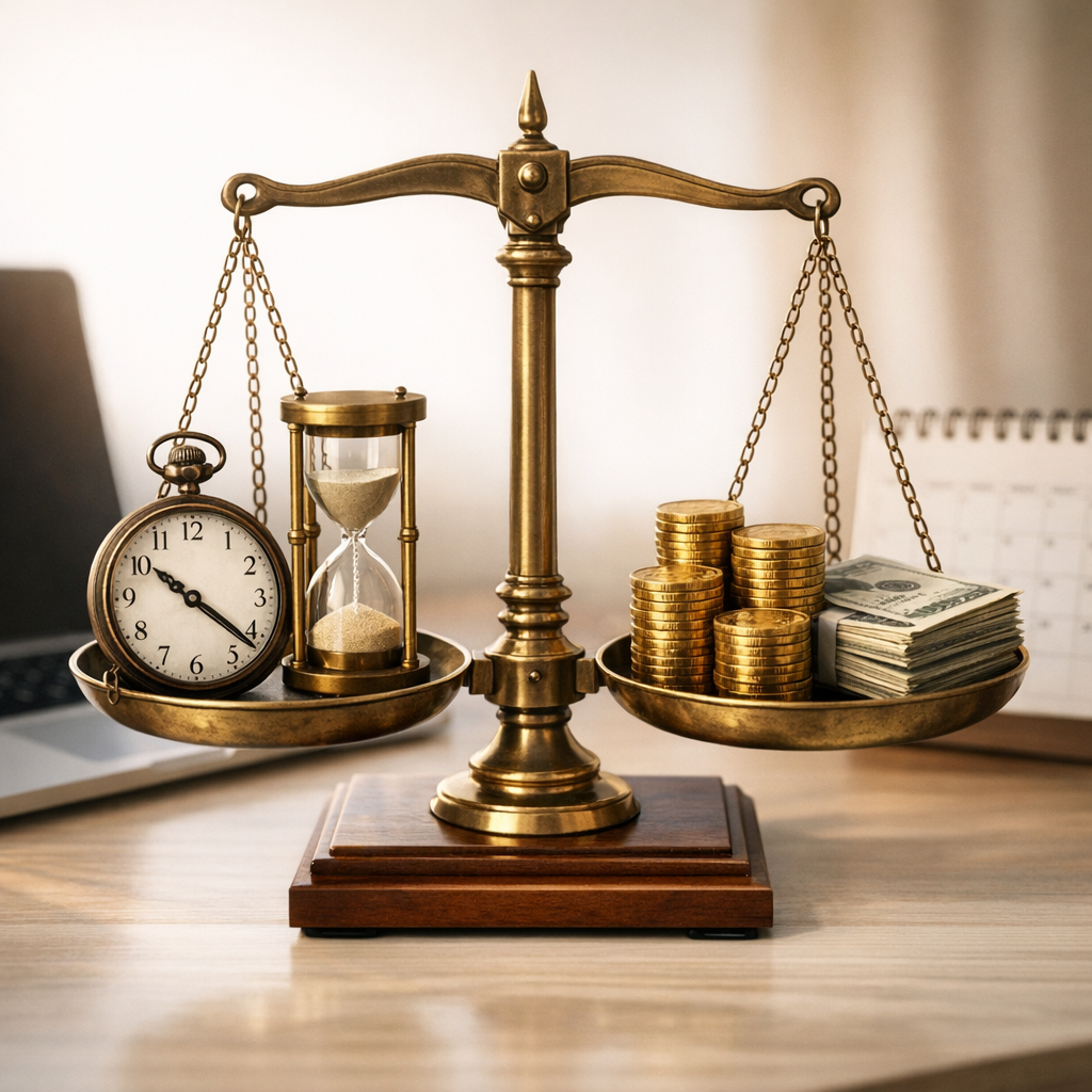 A balance scale weighing a pocket watch and hourglass against stacks of coins and cash, illustrating how being stingy with time leads to more money
