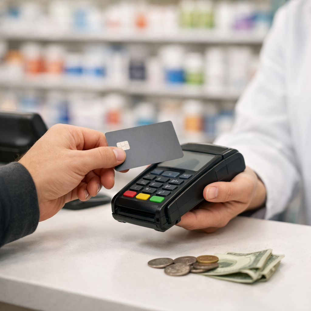 A shopper paying with a credit card at a drugstore pharmacy checkout to earn cash back rewards on prescriptions and health purchases