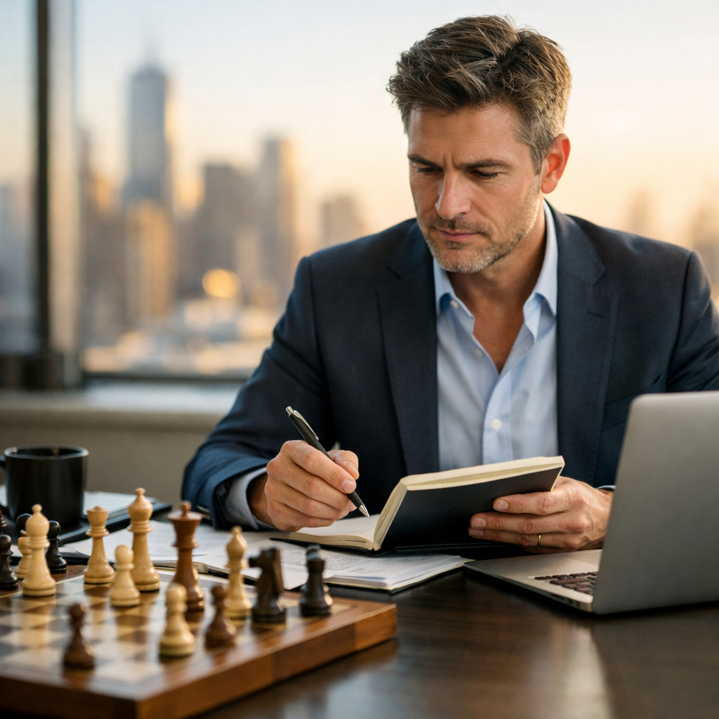 A focused entrepreneur planning strategy at a desk beside a chessboard, representing staying on top of your game in business