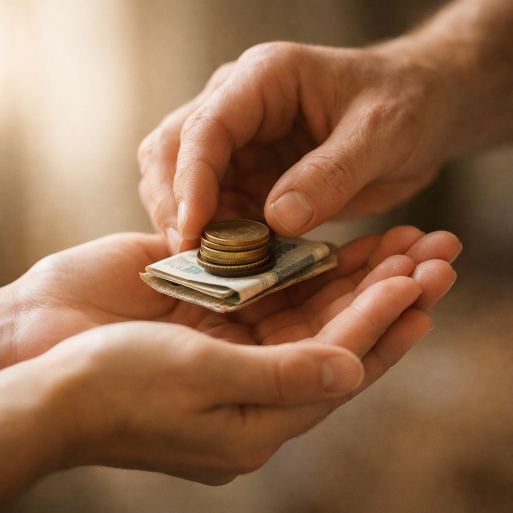 Open hands giving coins and cash to another person, illustrating that generosity is true wealth