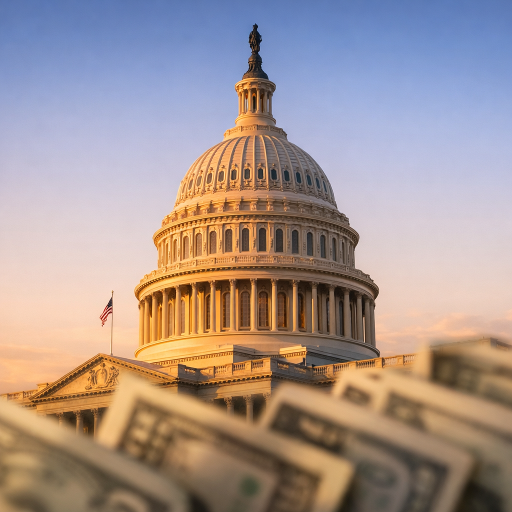 The U.S. Capitol building with a blurred suggestion of dollar bills, symbolizing government spending of public money