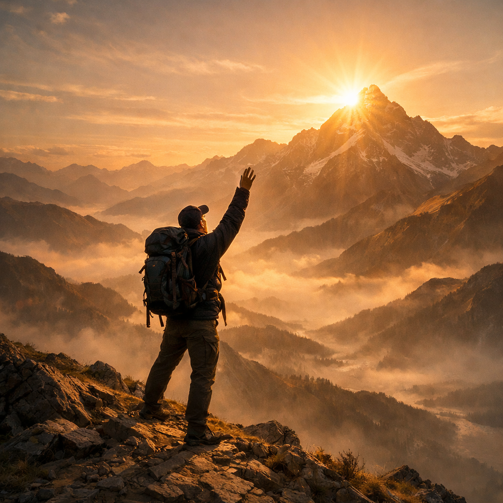 A hiker climbing toward a mountain summit at sunrise, a visual metaphor for ambition and success
