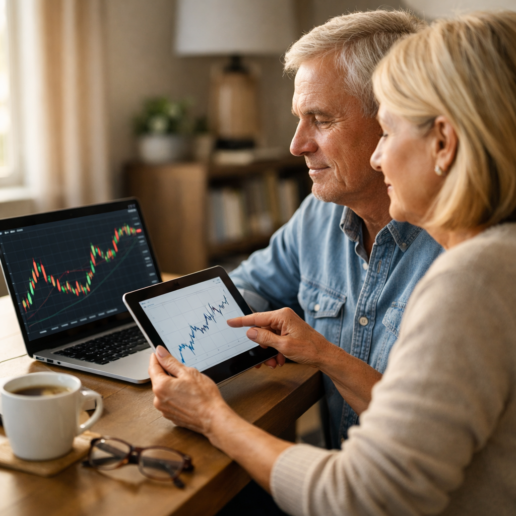 Retired couple reviewing stock market charts on a laptop while trading stocks in retirement