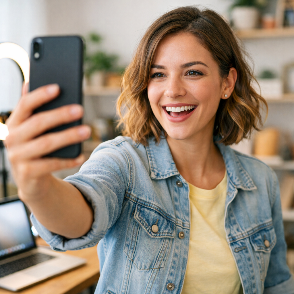 Freelancer filming a short vertical video on a smartphone to market their services on Snapchat