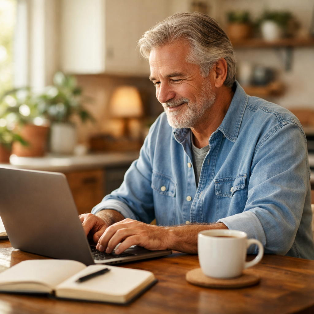 Retiree working on a laptop building an affiliate marketing blog to earn extra income in retirement