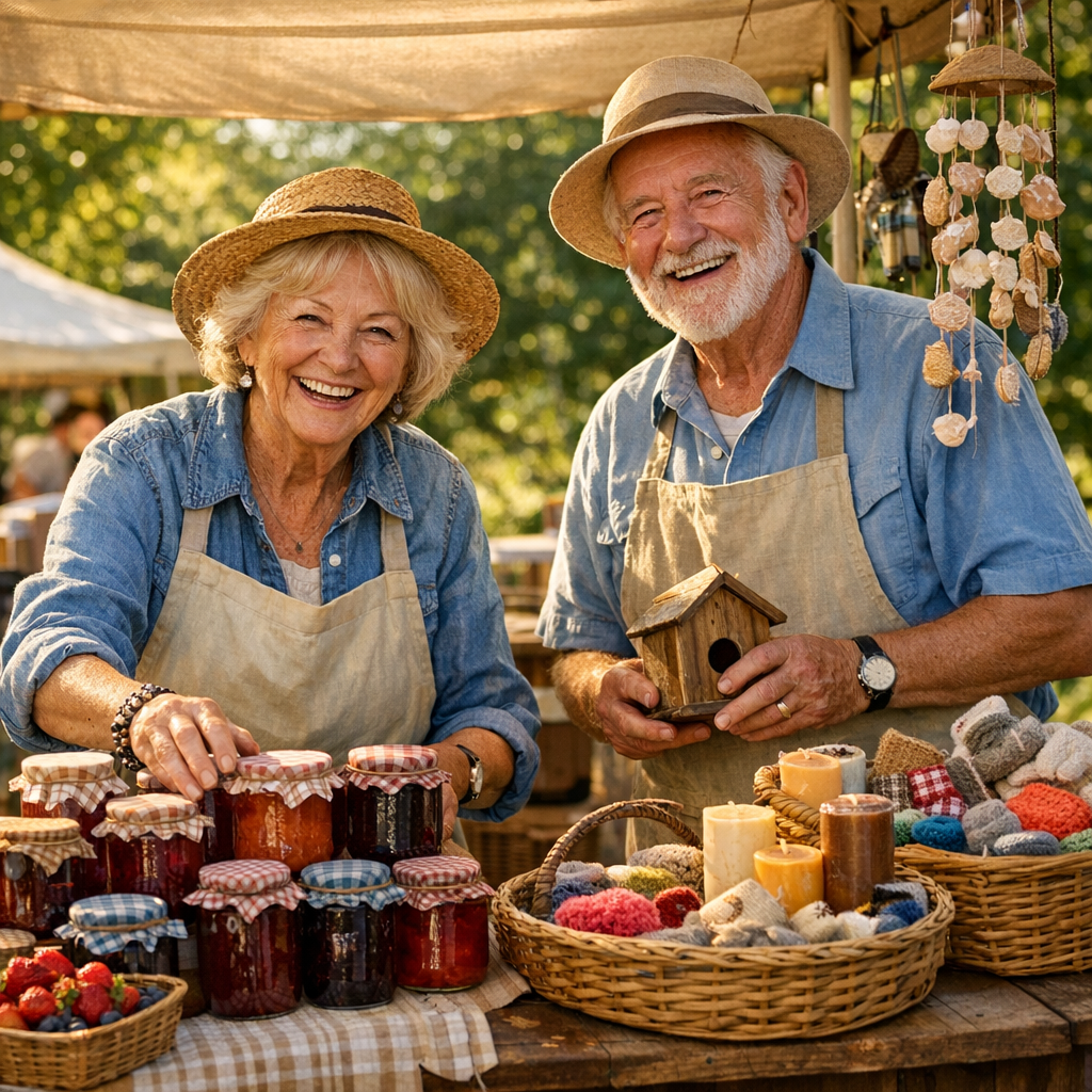 Retired couple running a summer farmers market side hustle stall in golden morning sunlight