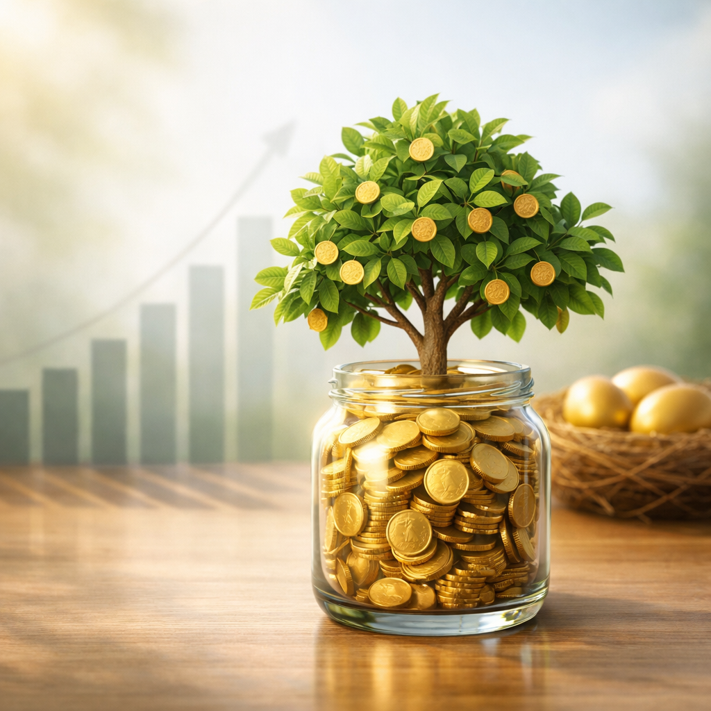 Money tree growing from a jar of coins beside a rising chart representing monthly dividend income growth