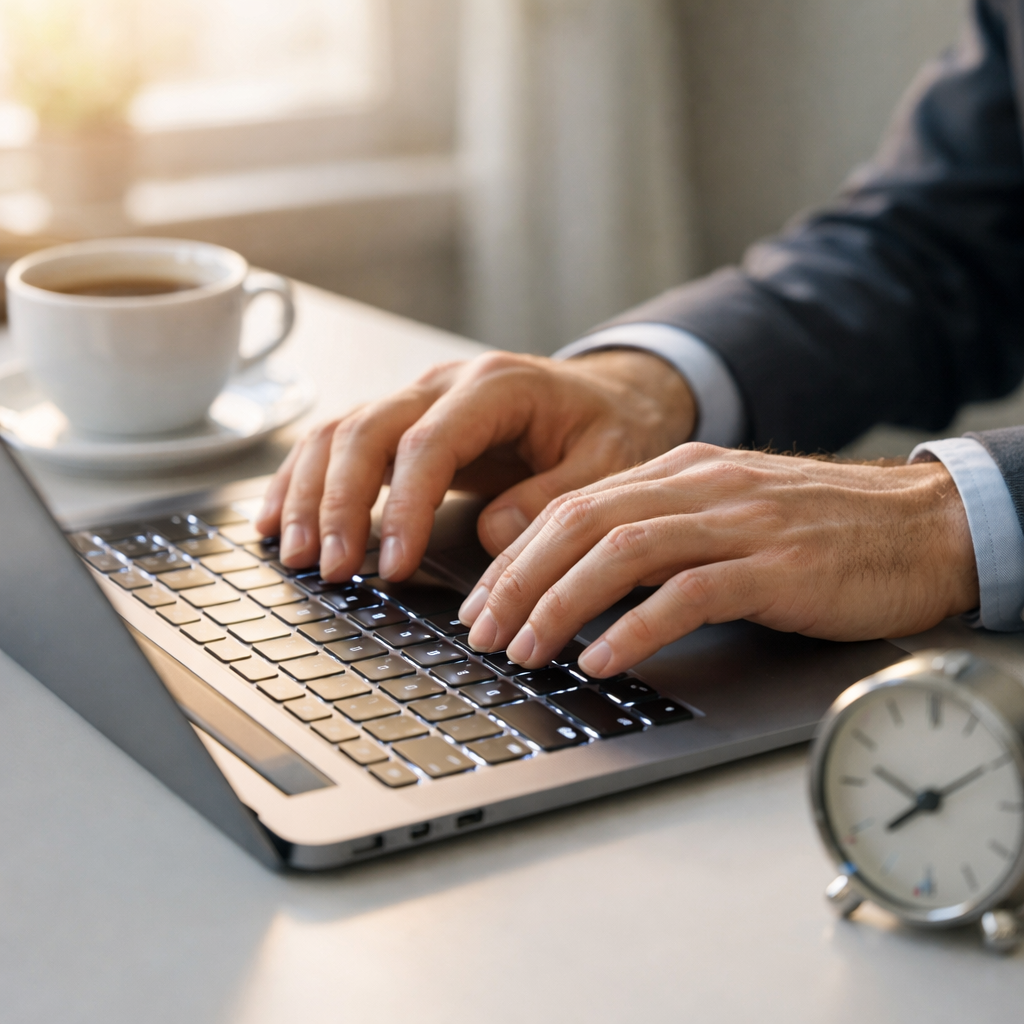 Entrepreneur using keyboard shortcuts on a laptop at a tidy desk to save time
