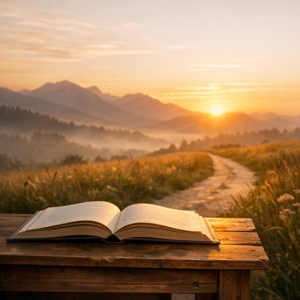An open book at sunrise beside a path toward mountains, symbolizing the meaning of live as if you were to die tomorrow and learn as if you were to live forever