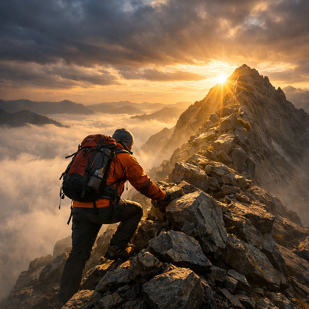 A hiker near a mountain summit at dawn, illustrating that many of life's failures are people who did not realize how close they were to success when they gave up