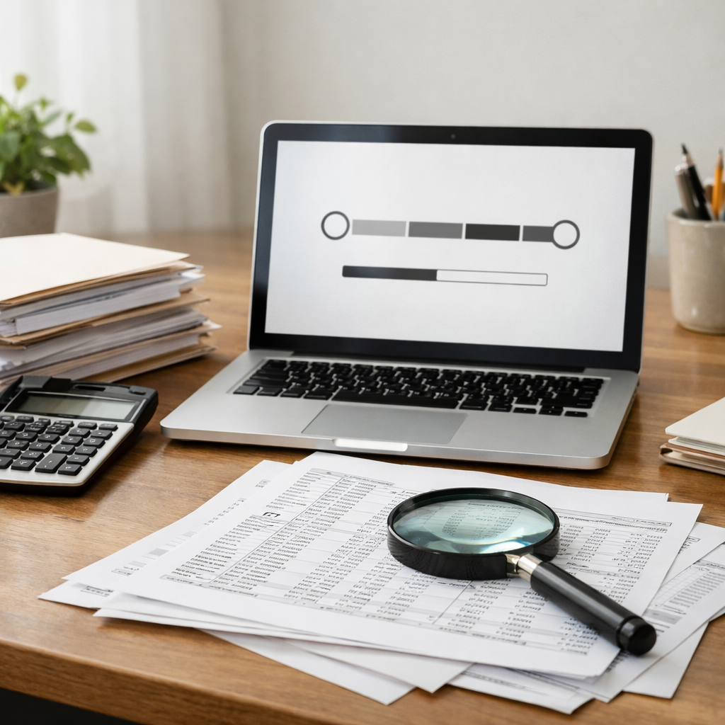A desk with tax documents, calculator and laptop showing a refund status, illustrating tax refunds frozen over return data mismatches