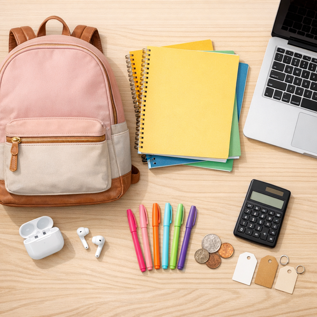 Back-to-school backpack, laptop, notebooks and a debit card on a desk representing discounts for high school students