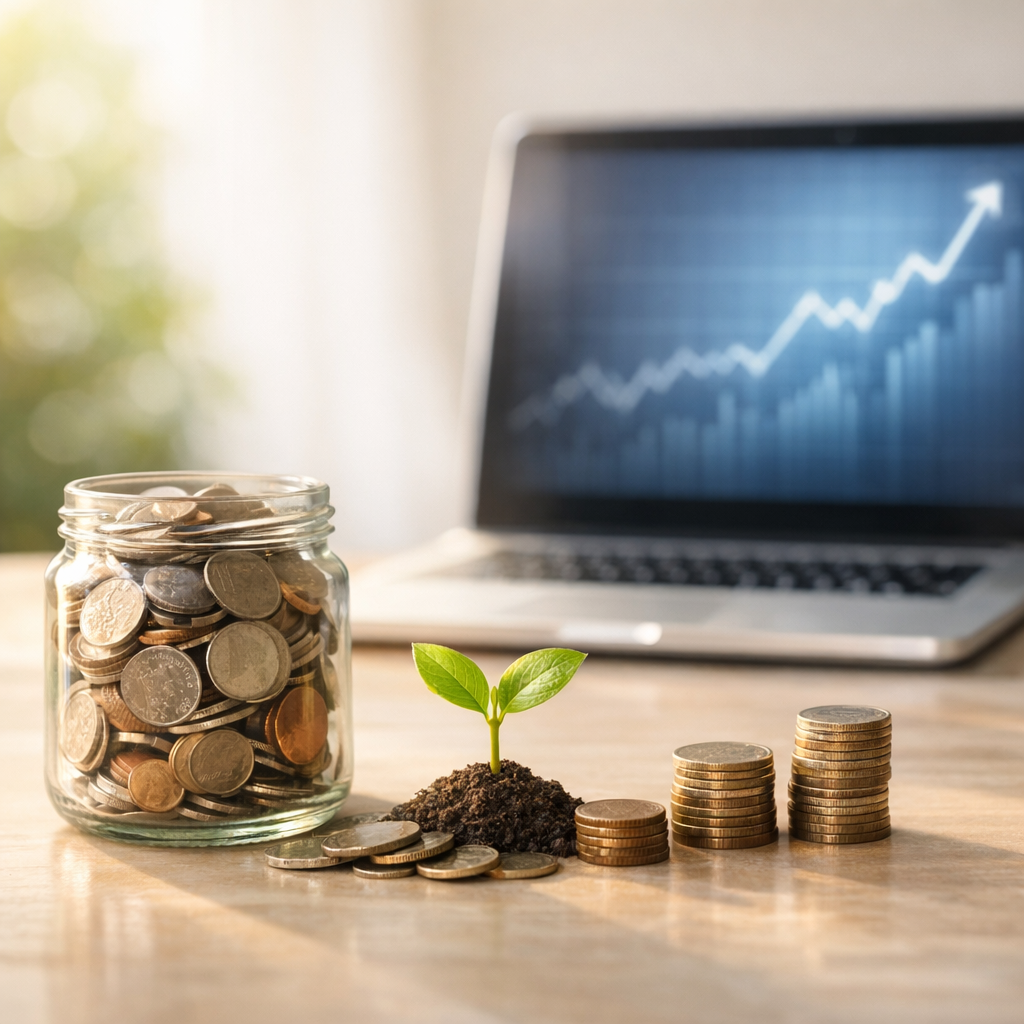 Coins in a jar with a growing seedling and a rising chart illustrating long-term Roth IRA investments