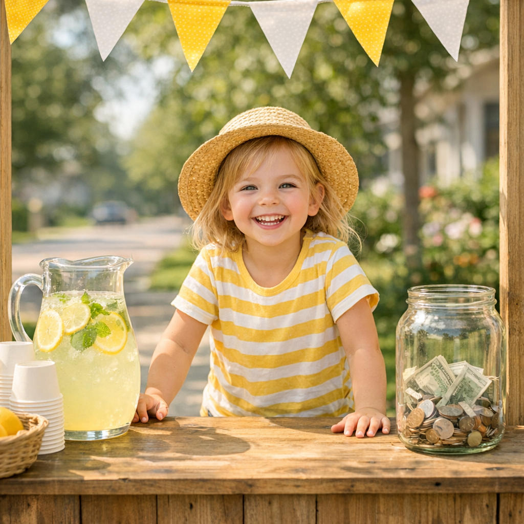 A child running a lemonade stand with a jar of coins, illustrating ways for kids to earn money