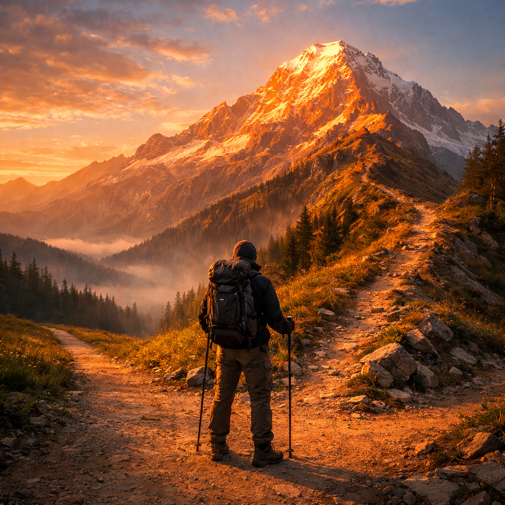 A hiker choosing the steeper path toward a bright mountain summit, symbolizing giving up the good to go for the great
