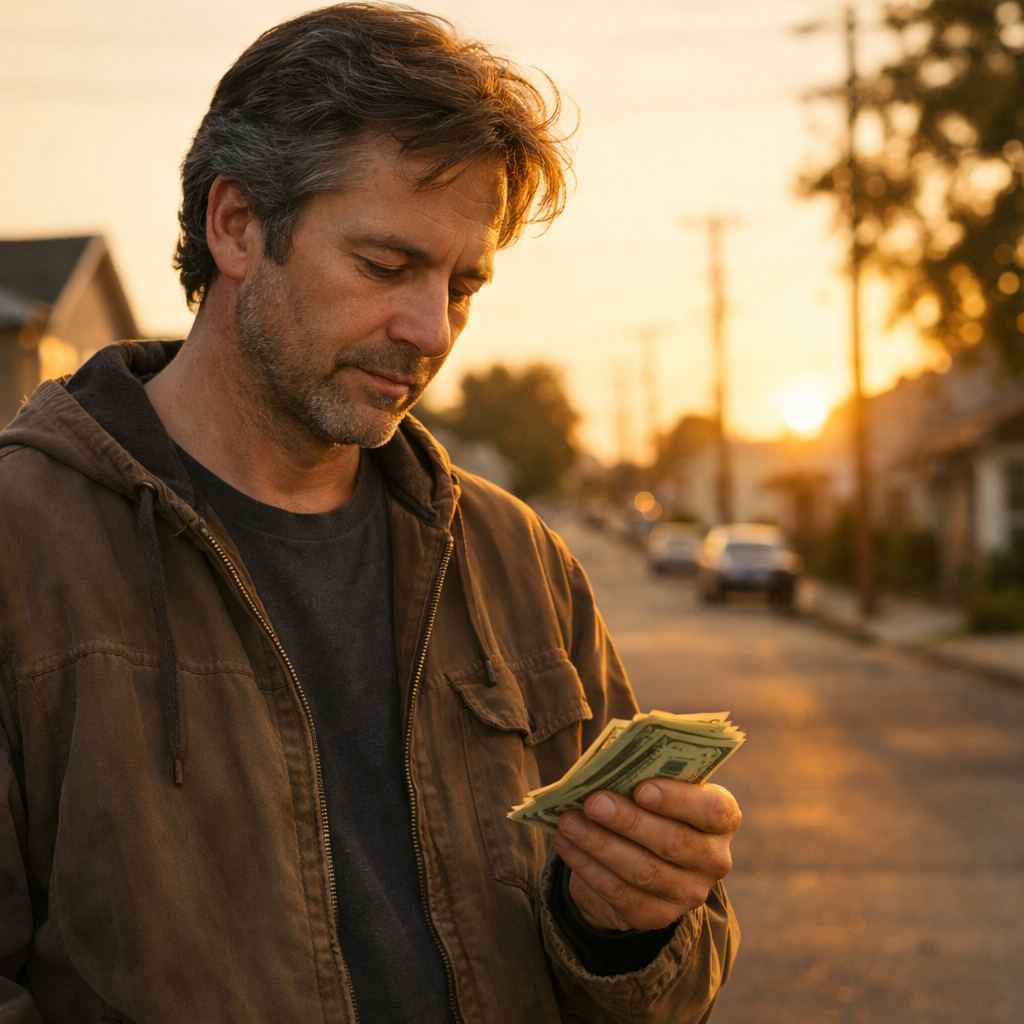 A person reflecting on a small handful of cash, illustrating that having money isn't everything but not having it is