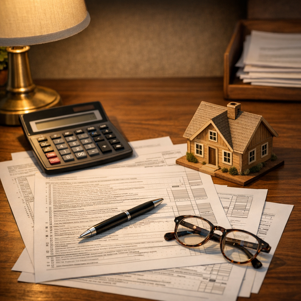 A desk with tax forms, a calculator and a small model house illustrating income tax complexity and the Augusta Rule