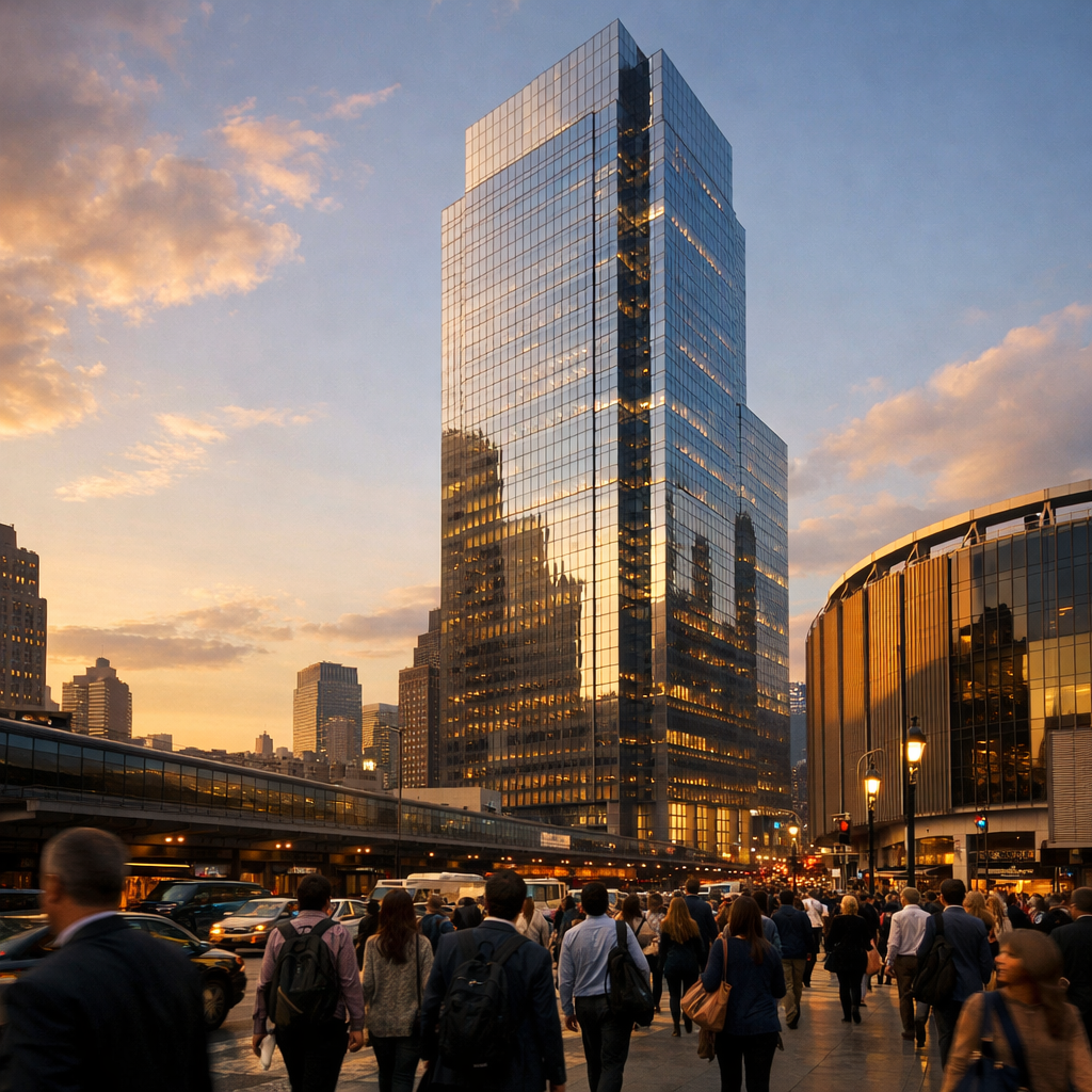 Modern Manhattan office skyscraper near Penn Station representing Verizon's new Penn 2 headquarters
