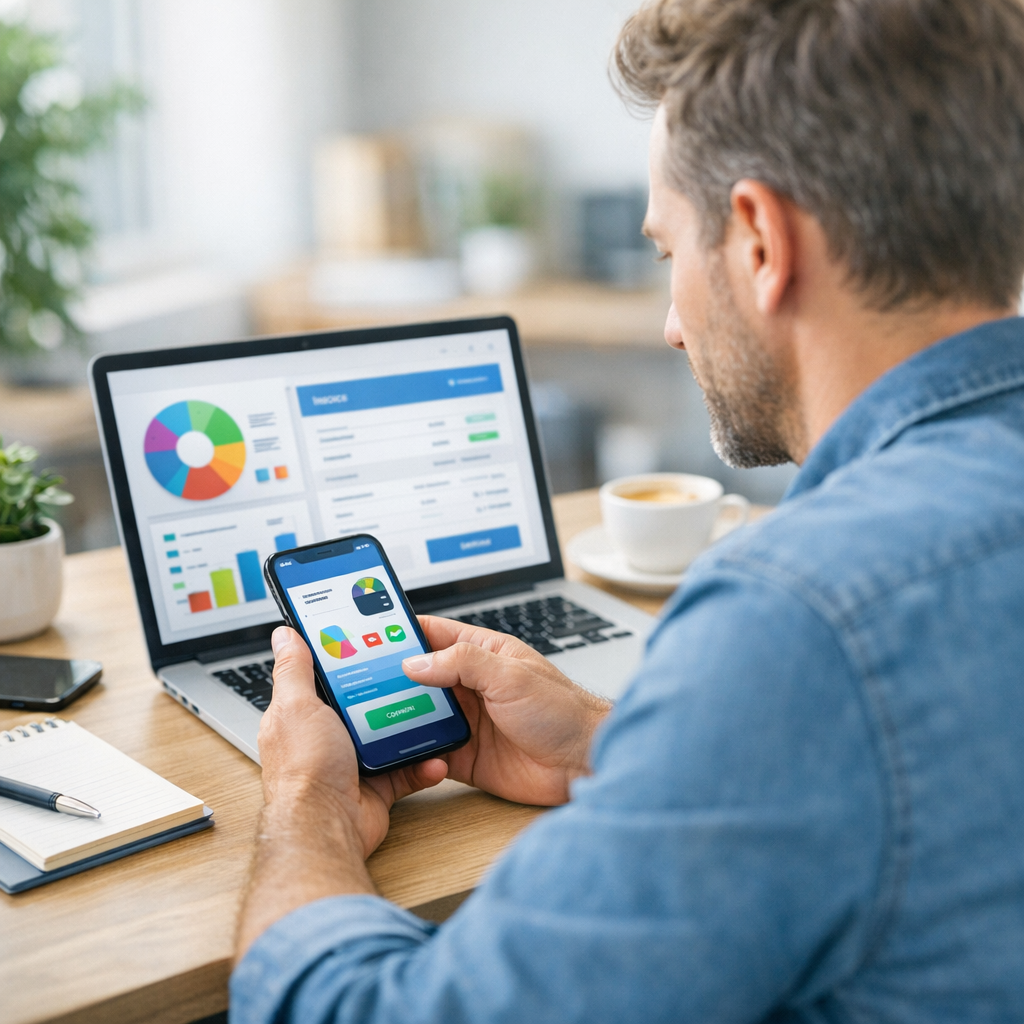 Small business owner using fintech tools and apps to manage invoicing and payments on a laptop and phone