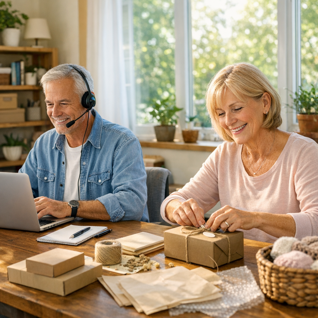 Active retirees earning extra income from flexible side hustles in a home office
