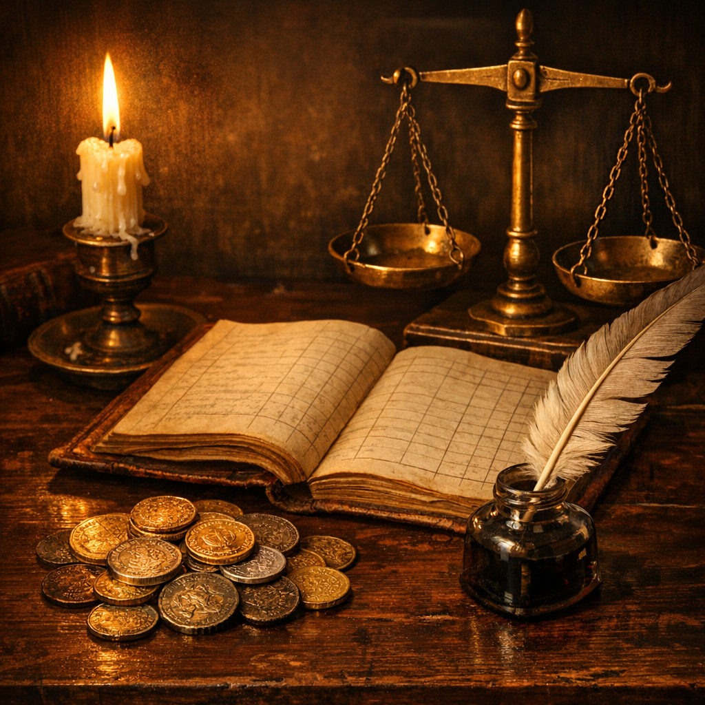 Antique gold and silver coins, a leather ledger and a brass scale on a wooden desk illustrating Adam Smith's quote on the scarcity of money