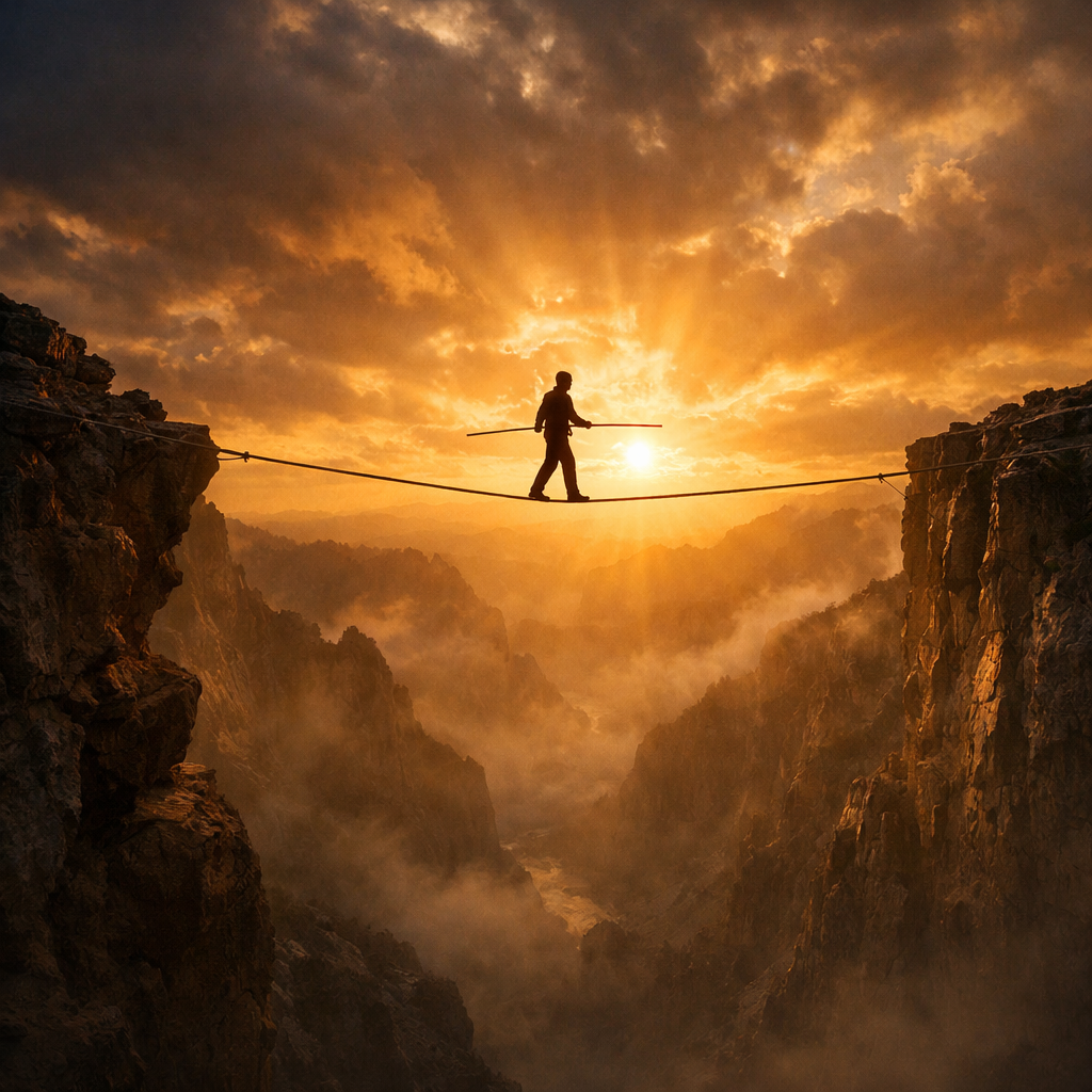 A tightrope walker crossing between two cliffs at sunrise, illustrating the fine line between insanity and genius measured by success