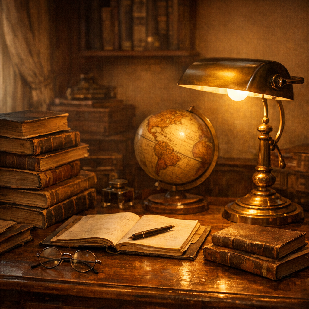 A vintage study desk with stacked books, a globe and a lamp symbolizing the Henry Ford money quote that knowledge and experience, not money, bring real independence