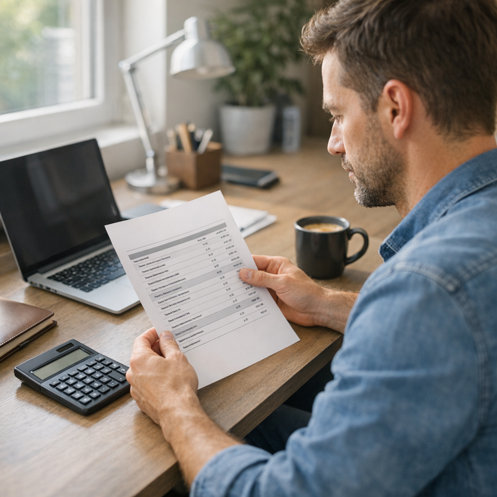 A freelancer reviewing a client invoice that itemizes extra fees at a home-office desk