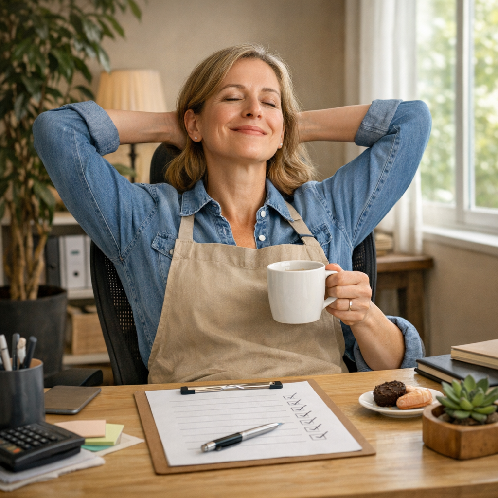 A business owner taking a rewarding coffee break at their desk after completing a task to stay productive