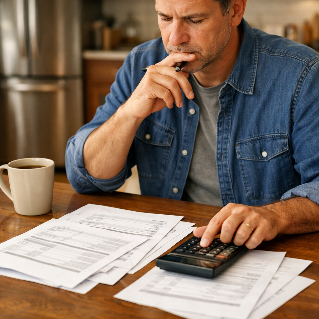 A person reviewing bank statements with a calculator to find common money wasters and unnecessary fees