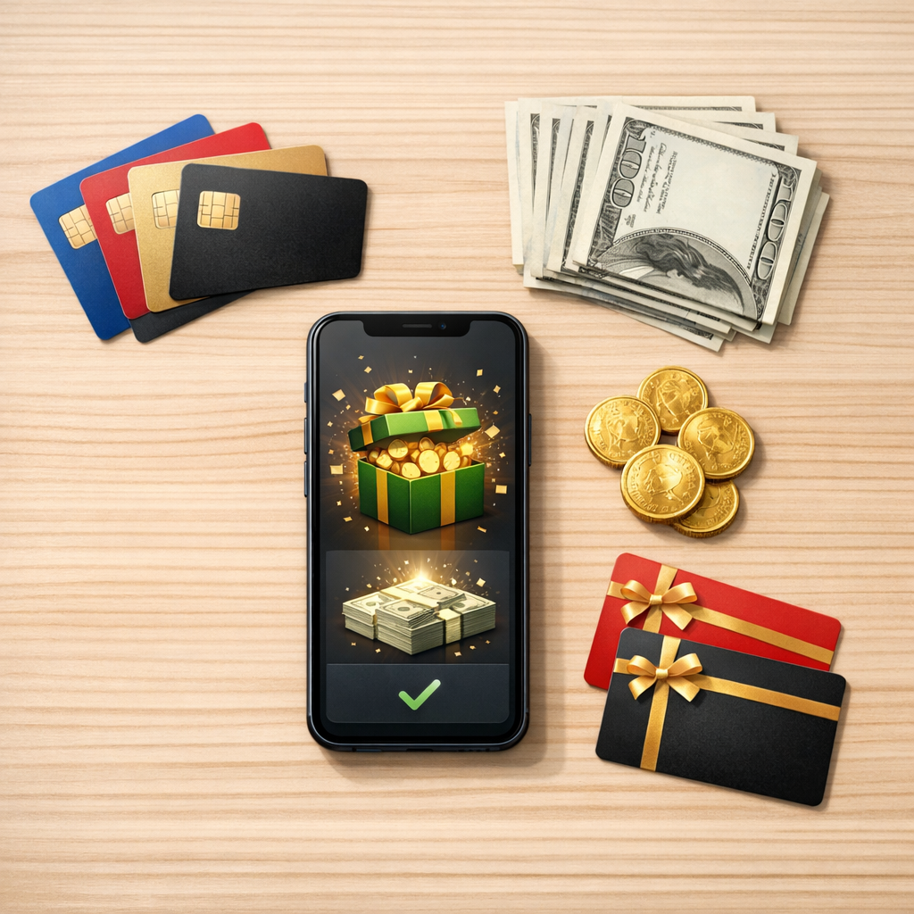 Sign-up bonuses concept with a smartphone cash bonus alert, credit cards, dollar bills, coins and gift cards on a desk