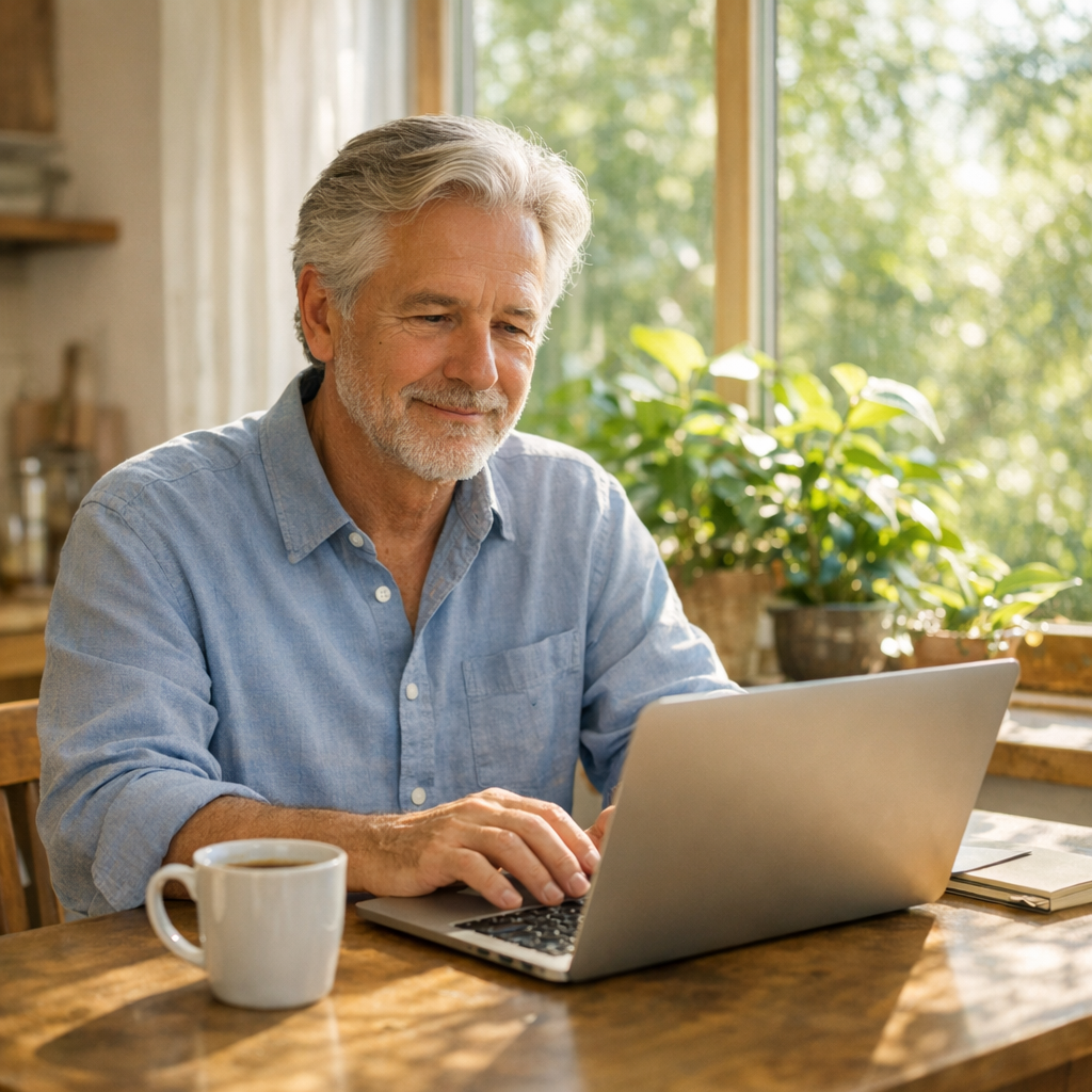 A semi-retired older man working part-time on a laptop at his kitchen table, illustrating a soft retirement
