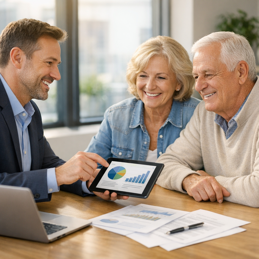 A retired couple meeting a fee-only financial advisor to review their retirement plan