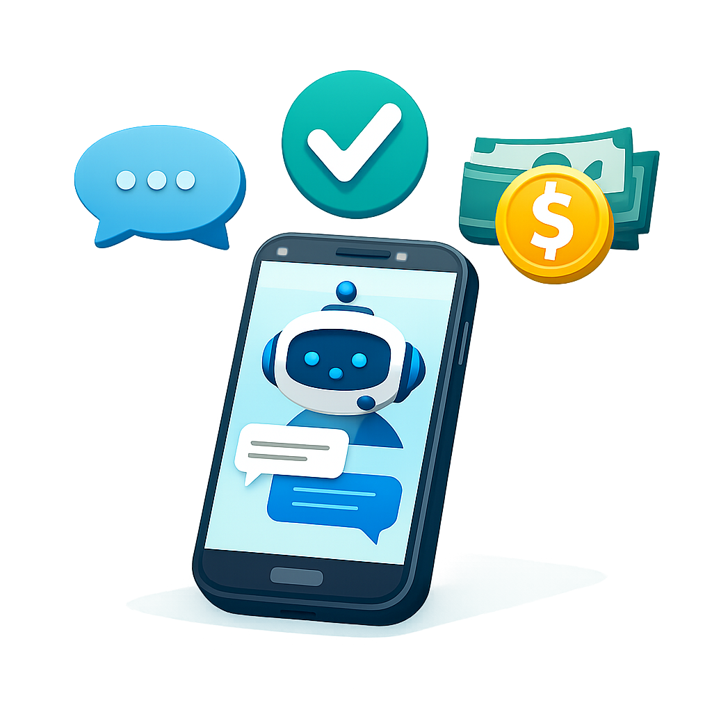 A chatbot on a smartphone helping a small business collect a customer payment, with chat bubbles and a payment icon