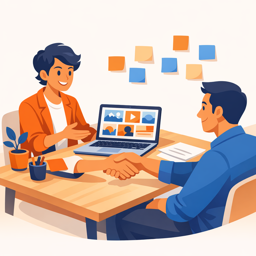 A freelancer confidently presenting a client pitch with a laptop portfolio and a handshake