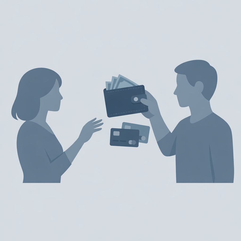 Conceptual illustration of narcissistic financial abuse, with one person controlling the money and accounts in a relationship