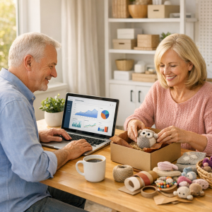 Retired couple creating multiple steady income streams from home during retirement