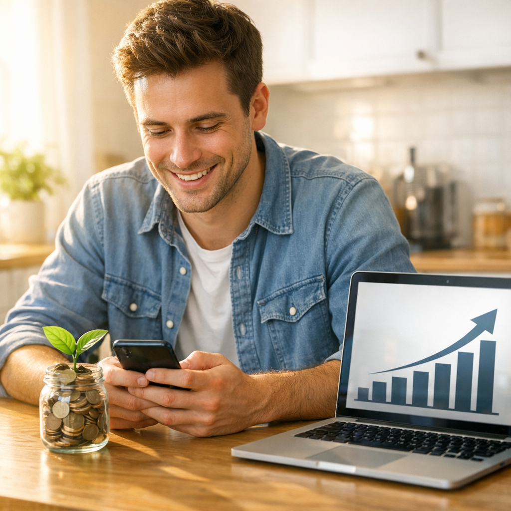 Young investor setting up an automatic 50 dollar a month investment that compounds into long-term wealth